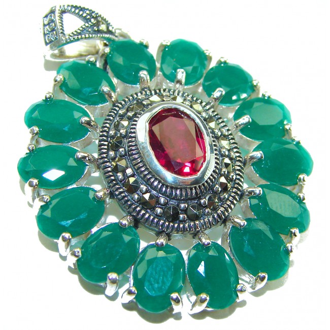Circle of Life 15.2 carat authentic Ruby Emerald .925 Sterling Silver handmade Pendant - Close-up of "Circle of Life" pendant with ruby and emerald stones.