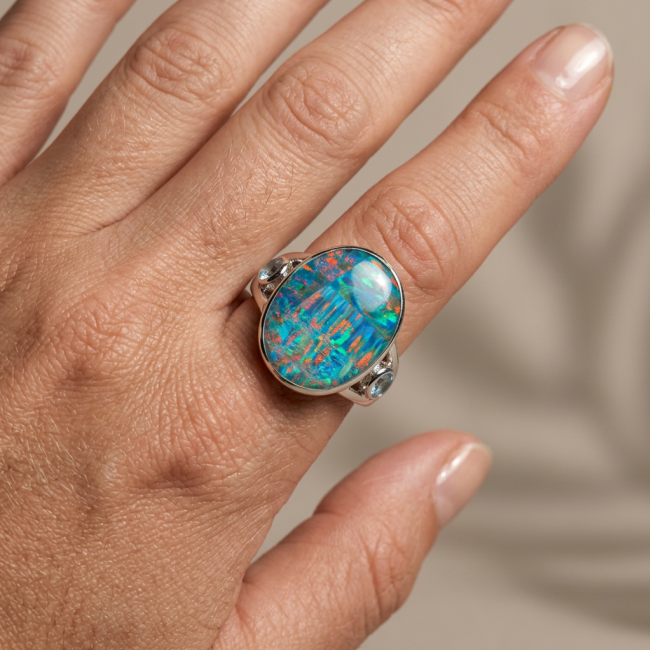 Endless Ocean Genuine 18.2 carat Australian Opal .925 Sterling Silver handmade Ring size 6 - photo 1