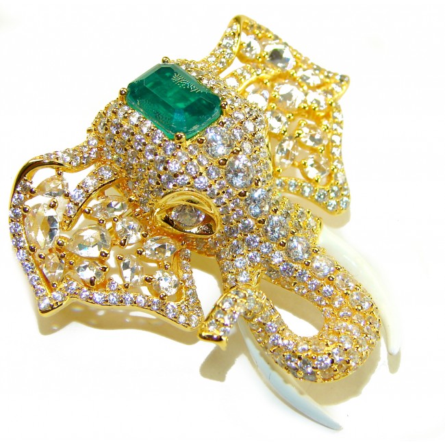 Attract YOUR Luck - ELEPHANT- 5.2 CARAT Emerald .925 Sterling Silver dipped in 22K Gold handcrafted Pendant Brooch