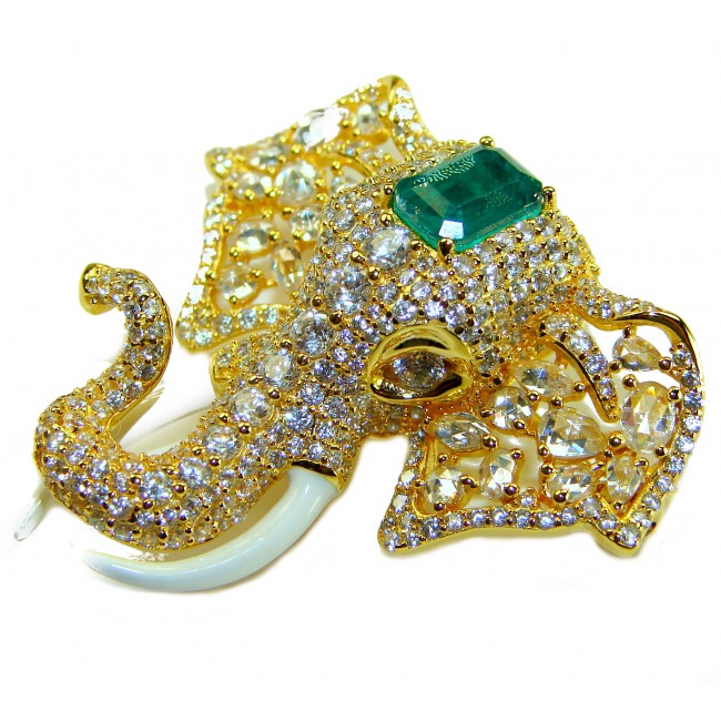 Attract YOUR Luck - ELEPHANT- 5.2 CARAT Emerald .925 Sterling Silver dipped in 22K Gold handcrafted Pendant Brooch