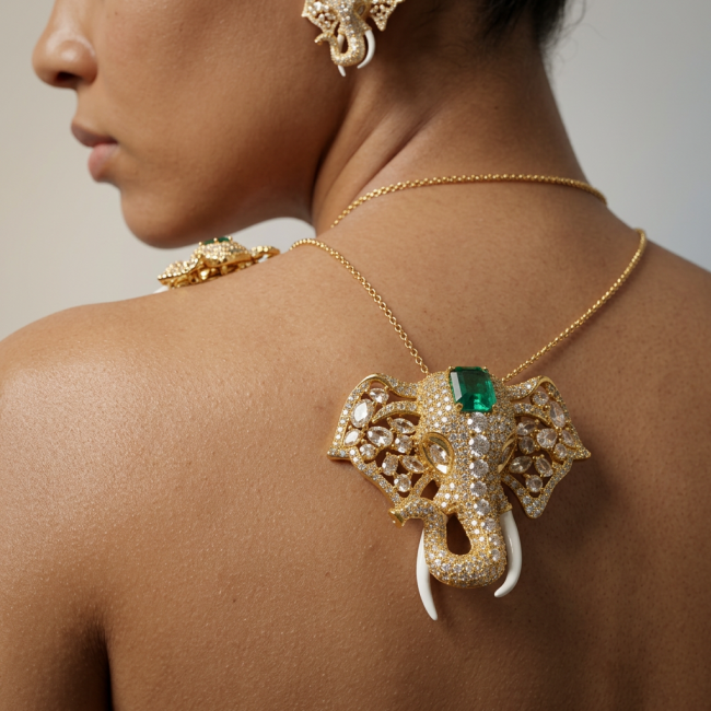 Attract YOUR Luck - ELEPHANT- 5.2 CARAT Emerald .925 Sterling Silver dipped in 22K Gold handcrafted Pendant Brooch