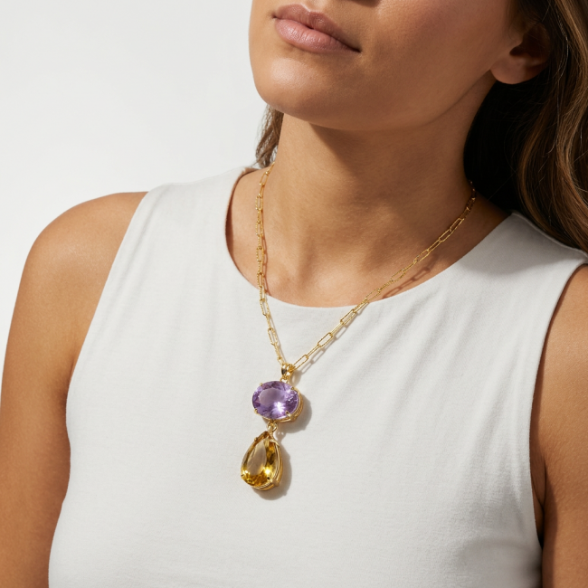 Vintage Beauty Authentic 22.5 carat Brazilian Citrine Amethyst 18K Gold over .925 Sterling Silver handcrafted 18 inches necklace