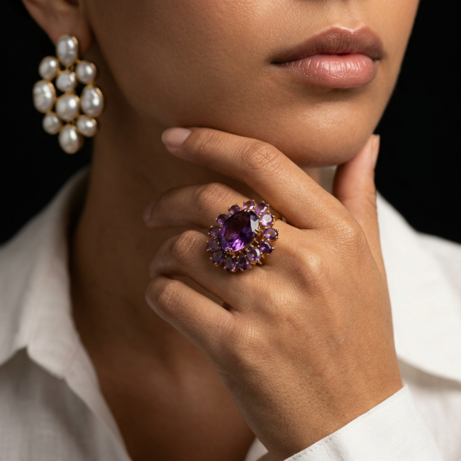 Purple Odyssey 59.5 carat natural Purple Amethyst 18K Gold over .925 Sterling Silver Handcrafted Ring size 7