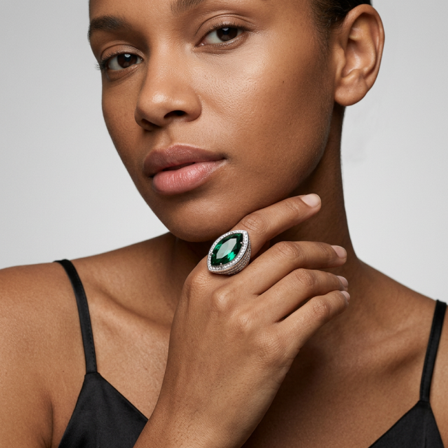 Green Royalty Natural Marquoise cut 35.6 carat Chrome Diopside .925 Sterling Silver Reversible ring size 7 1/2