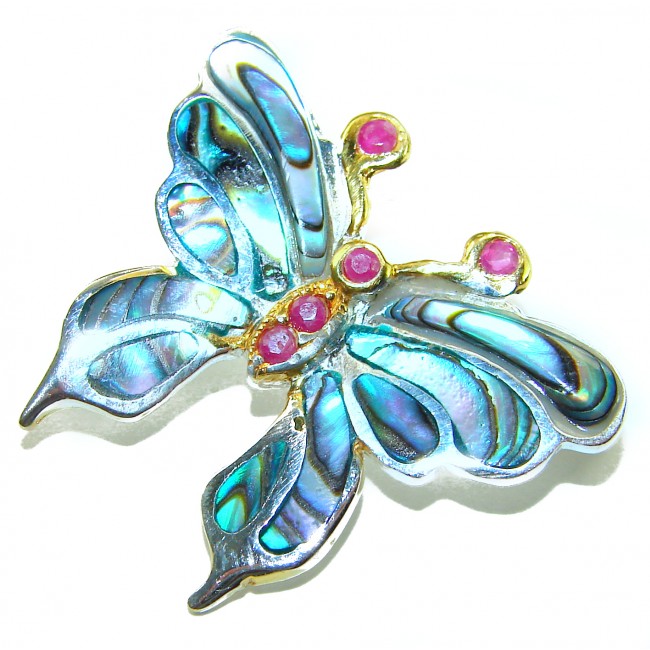 BUTTERFLY Natural Rainbow Abalone .925 Sterling Silver handmade Pendant