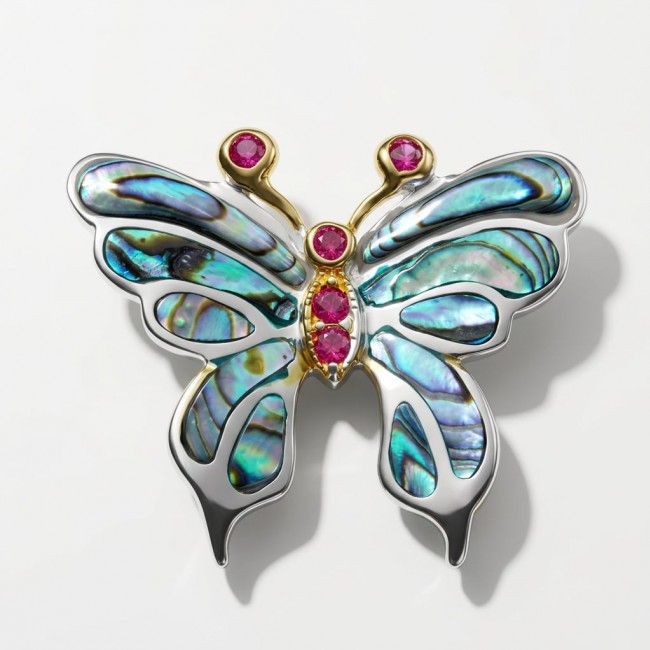 BUTTERFLY Natural Rainbow Abalone .925 Sterling Silver handmade Pendant