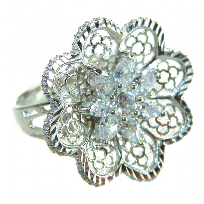 Casablanca Italy made .925 Sterling Silver brilliantly handcrafted ring s. 7 1/4 - Close-up of Casablanca floral sterling silver ring with intricate design.