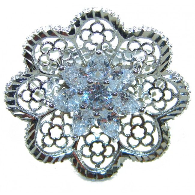 Casablanca Italy made .925 Sterling Silver brilliantly handcrafted ring s. 7 1/4 - Intricate Casablanca sterling silver pendant, floral design, top view.