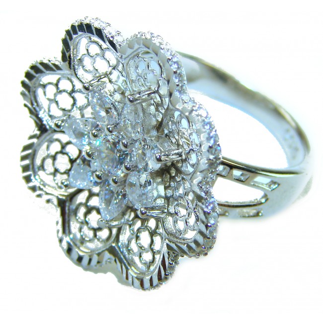 Casablanca Italy made .925 Sterling Silver brilliantly handcrafted ring s. 7 1/4 - Close-up of ornate Sterling Silver ring with floral design.