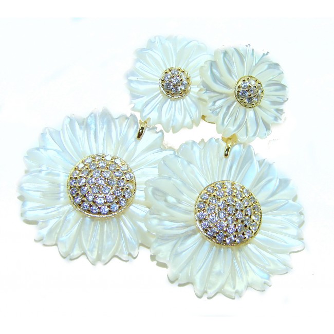 BLOOMING FLOWERS Genuine Blister Pearl 0.2 CARAT lab grown Diamond 18K Gold over .925 Sterling Silver handcrafted Statement Earrings - photo 2