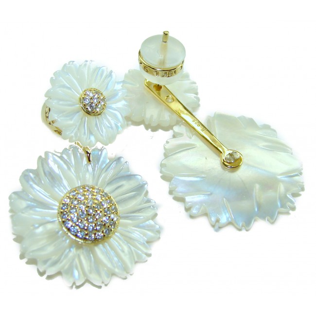 BLOOMING FLOWERS Genuine Blister Pearl 0.2 CARAT lab grown Diamond 18K Gold over .925 Sterling Silver handcrafted Statement Earrings - photo 1