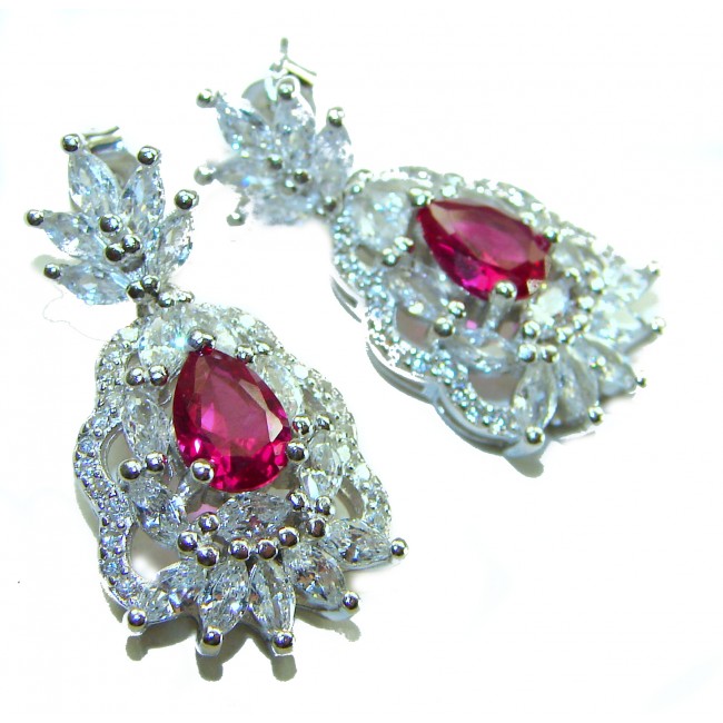 Magnificent Jewel 8.5 carat Ruby .925 Sterling Silver handcrafted incredible earrings - Close-up of sterling silver earrings with 8.5 carat ruby stones