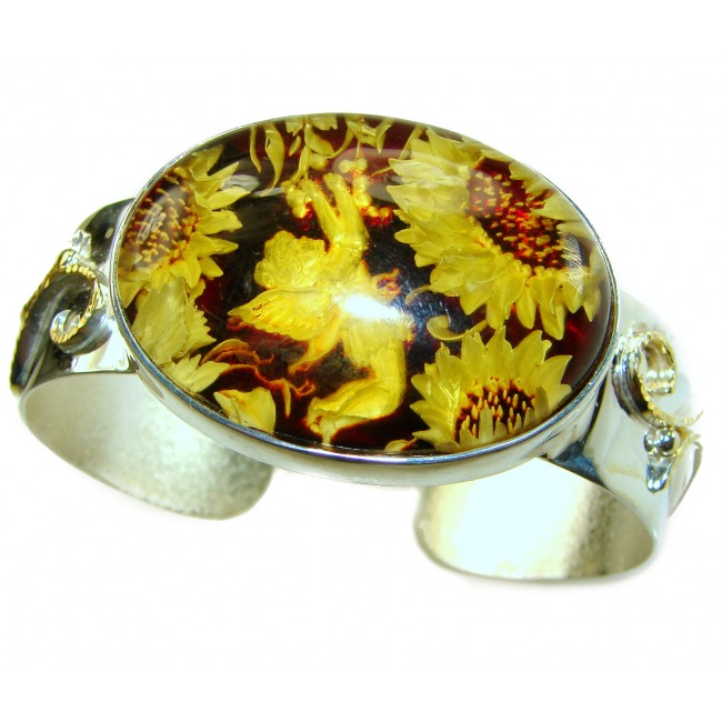 Golden Tinker Bell with Sunflowers Genuine carved Baltic Amber 2 tones .925 Sterling Silver handcrafted Bracelet / Cuff