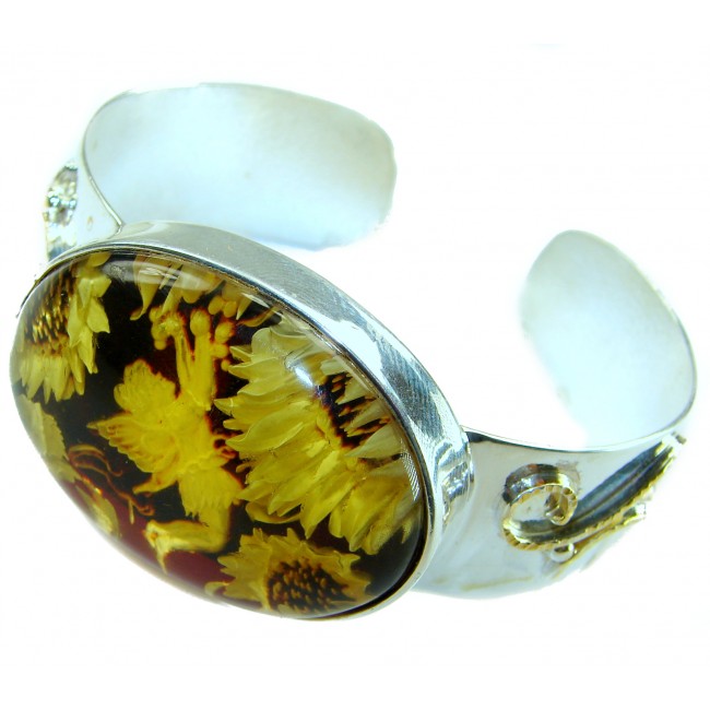 Golden Tinker Bell with Sunflowers Genuine carved Baltic Amber 2 tones .925 Sterling Silver handcrafted Bracelet / Cuff