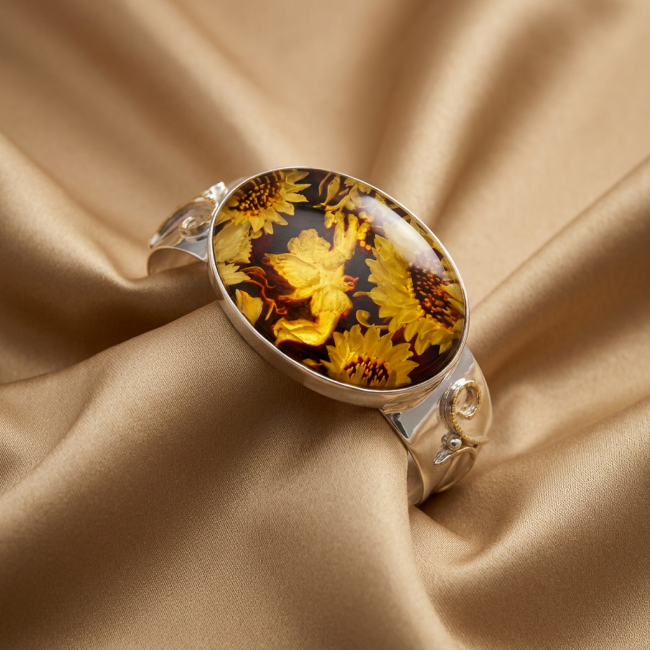 Golden Tinker Bell with Sunflowers Genuine carved Baltic Amber 2 tones .925 Sterling Silver handcrafted Bracelet / Cuff