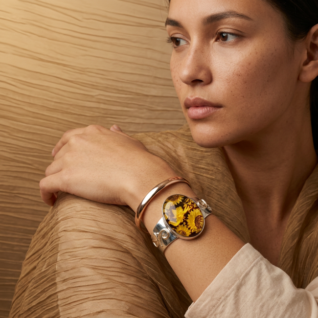 Golden Tinker Bell with Sunflowers Genuine carved Baltic Amber 2 tones .925 Sterling Silver handcrafted Bracelet / Cuff