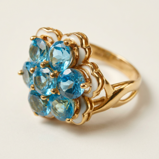 Forget-Me-Not Authentic 18.7 carat Swiss Blue Topaz white Enamel .925 Sterling Silver dipped in 22K Gold handcrafted Large ring size 7 3/4