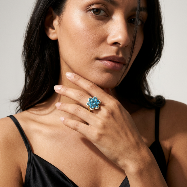 Forget-Me-Not Authentic 18.7 carat Swiss Blue Topaz white Enamel .925 Sterling Silver dipped in 22K Gold handcrafted Large ring size 7 3/4