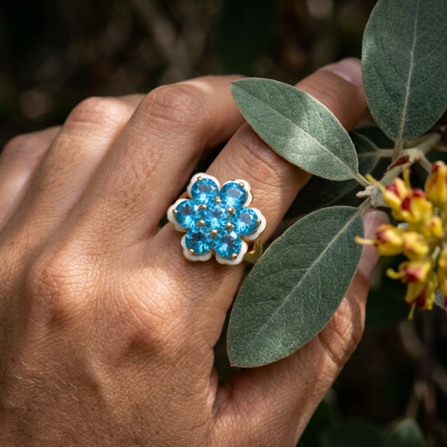 Forget-Me-Not Authentic 18.7 carat Swiss Blue Topaz white Enamel .925 Sterling Silver dipped in 22K Gold handcrafted Large ring size 7 3/4