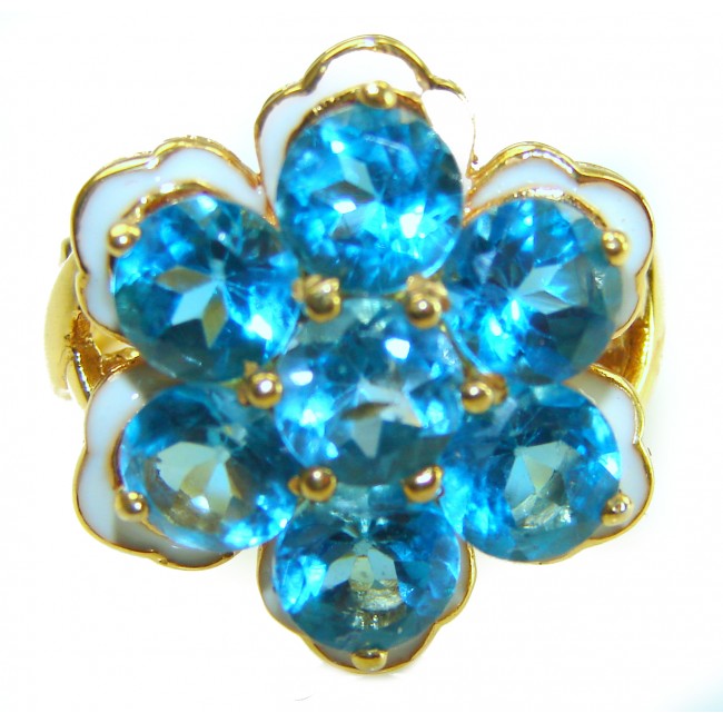 Forget-Me-Not Authentic 18.7 carat Swiss Blue Topaz white Enamel .925 Sterling Silver dipped in 22K Gold handcrafted Large ring size 7 3/4
