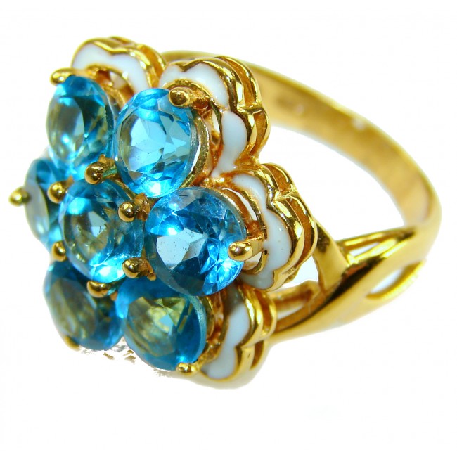 Forget-Me-Not Authentic 18.7 carat Swiss Blue Topaz white Enamel .925 Sterling Silver dipped in 22K Gold handcrafted Large ring size 7 3/4