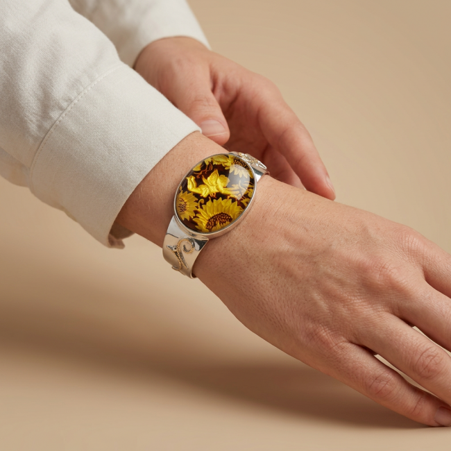 Golden Tinker Bell with Sunflowers Genuine carved Baltic Amber 2 tones .925 Sterling Silver handcrafted Bracelet / Cuff