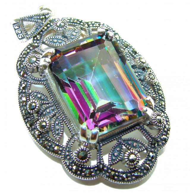 Iconic Design 22.5 carat oval cut Mystic Topaz Marcasite .925 Sterling Silver handcrafted Pendant