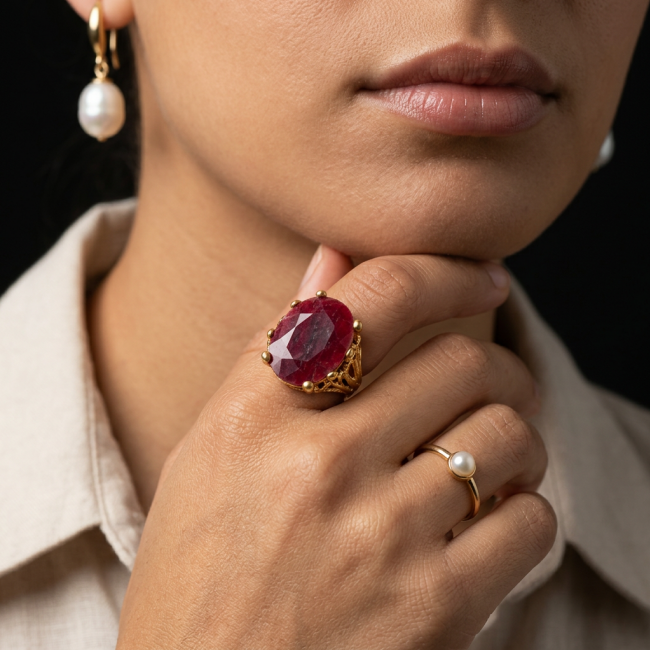 Enchanted Beauty 25.9 carat natural Kashmir Ruby 18K Gold over .925 Sterling Silver Huge handcrafted Ring s. 9 - Close-up of Enchanted Beauty Kashmir Ruby and pearl rings worn on hand