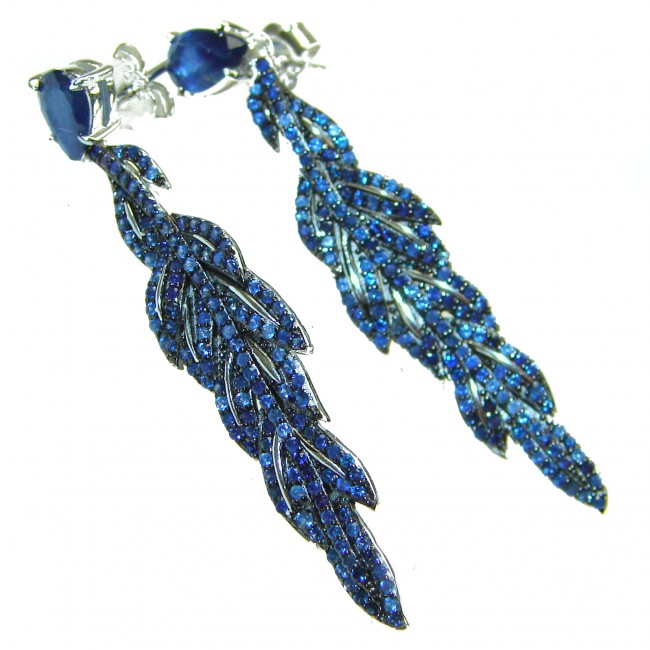 Giovanna - Authentic oval cut 9.9 carat Sapphire .925 Sterling Silver handcrafted earrings - Blue feather sapphire earrings, angled side view.