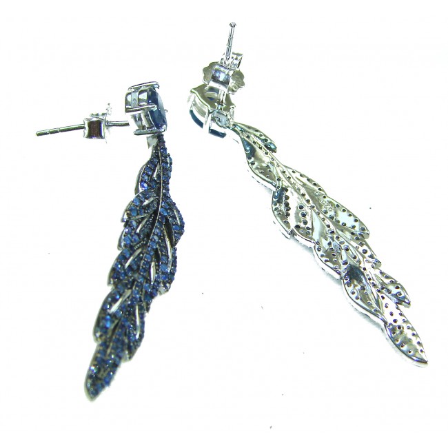 Giovanna - Authentic oval cut 9.9 carat Sapphire .925 Sterling Silver handcrafted earrings - Earrings side view, sapphire detailing on each piece, sterling silver.