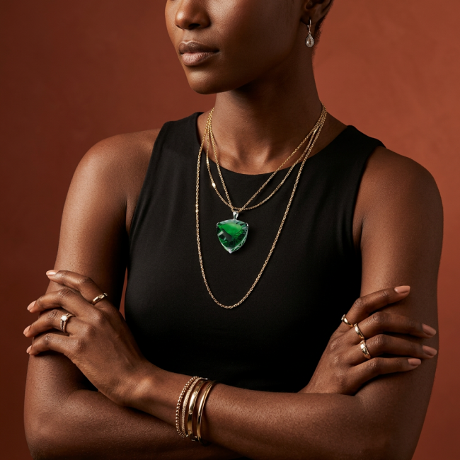 Trillion Cut Perfect 44.5 carat Volcanic Helenite .925 Sterling Silver handcrafted Pendant