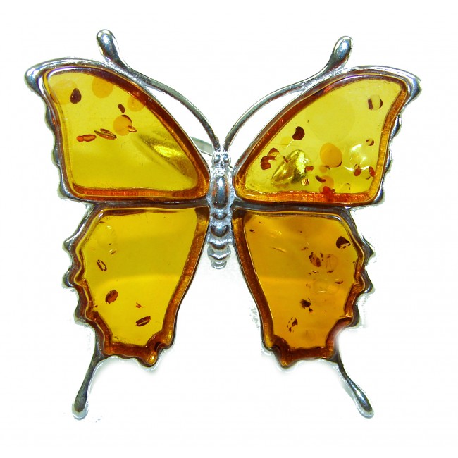 Butterfly Authentic carved Baltic Amber .925 Sterling Silver dipped in 18K Gold handcrafted ring; s. 8 adjustable