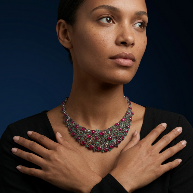 Tiffany 257.2 carat Ruby Emerald Sapphire .925 Sterling Silver .925 Sterling Silver Statement Necklace