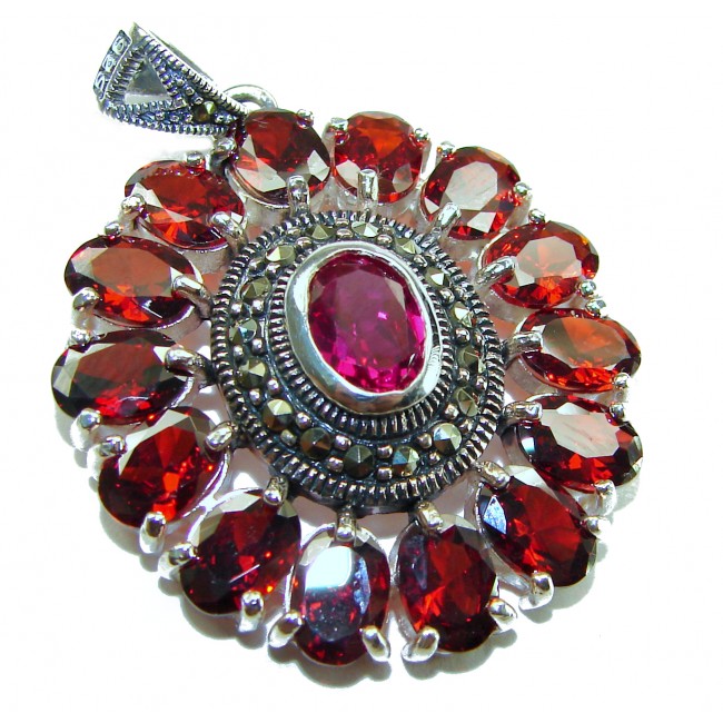 Circle of Life 15.2 carat authentic Ruby Marcasite .925 Sterling Silver handmade Pendant - Close-up of Circle of Life pendant with rubies and marcasite stones.