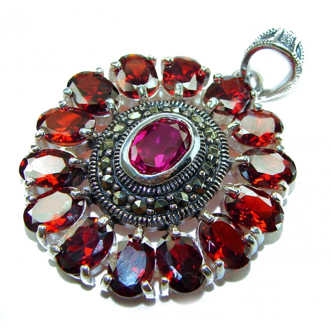 Circle of Life 15.2 carat authentic Ruby Marcasite .925 Sterling Silver handmade Pendant - Close-up of Circle of Life ruby and marcasite pendant, top view.