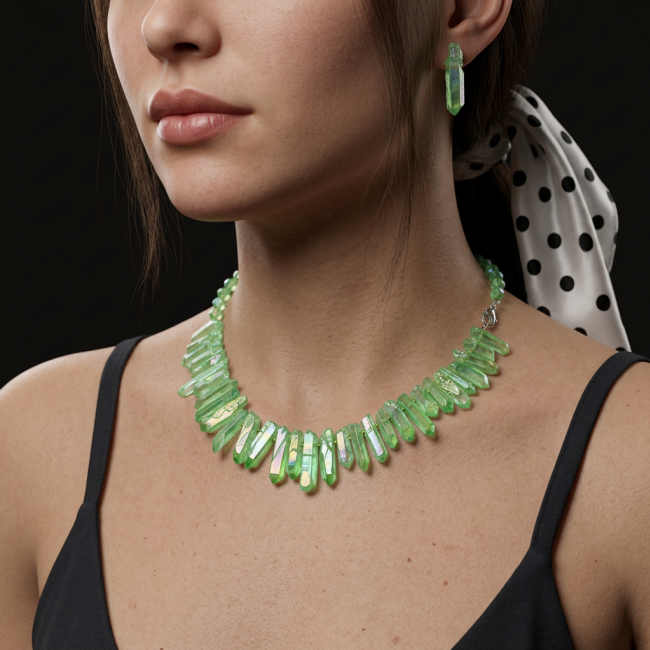 Mint-Green Halite Crystal Cluster .925 Sterling Silver handmade Necklace