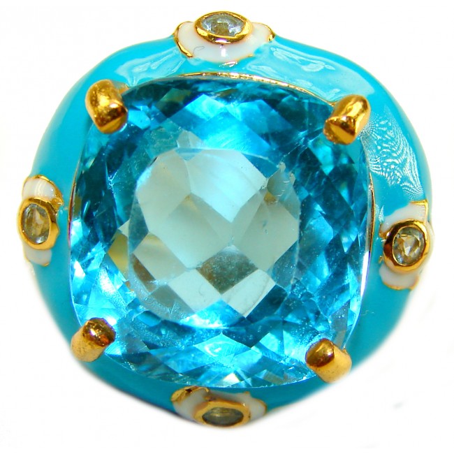 Pacifica 29.8 carat Swiss Blue Topaz 0.7 carat Diamond .925 Sterling Silver dipped in 22K Gold handcrafted Large Enamel ring size 7 3/4