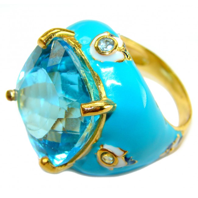Pacifica 29.8 carat Swiss Blue Topaz 0.7 carat Diamond .925 Sterling Silver dipped in 22K Gold handcrafted Large Enamel ring size 7 3/4