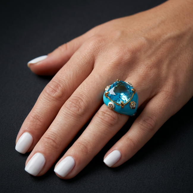 Pacifica 29.8 carat Swiss Blue Topaz 0.7 carat Diamond .925 Sterling Silver dipped in 22K Gold handcrafted Large Enamel ring size 7 3/4