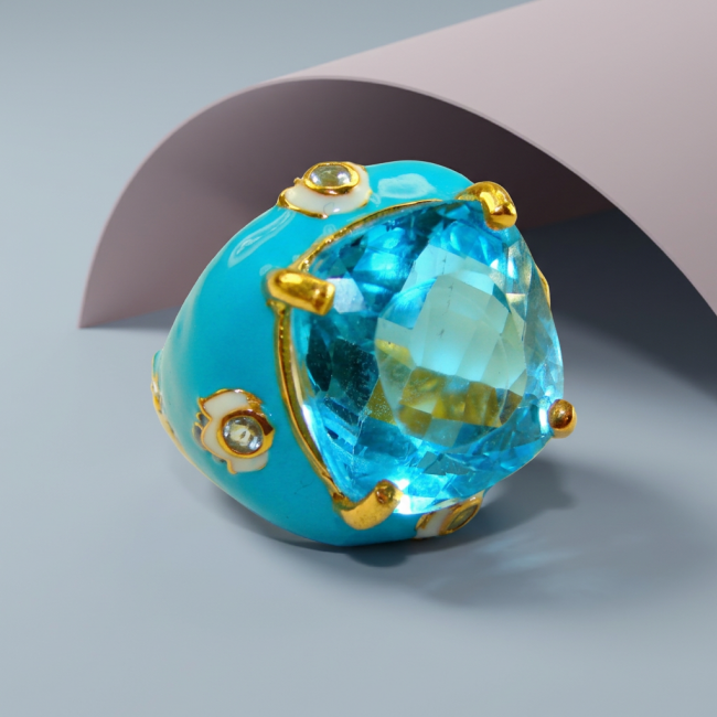 Pacifica 29.8 carat Swiss Blue Topaz 0.7 carat Diamond .925 Sterling Silver dipped in 22K Gold handcrafted Large Enamel ring size 7 3/4
