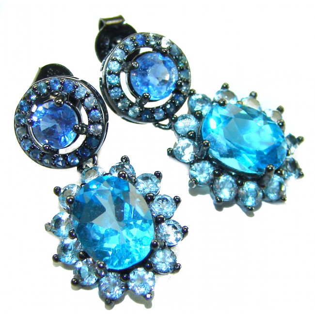 Atlantica 10.7 carat Swiss Blue Topaz .925 Sterling Silver dipped in black rhodium Handcrafted Statement earrings
