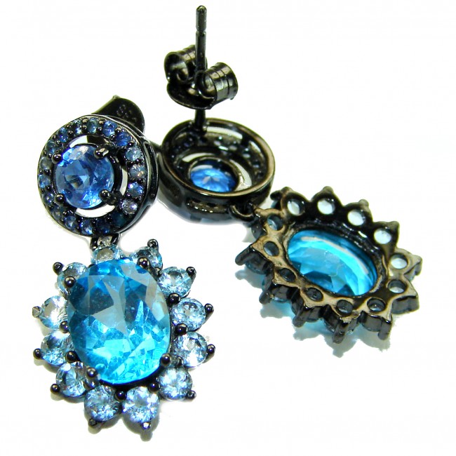 Atlantica 10.7 carat Swiss Blue Topaz .925 Sterling Silver dipped in black rhodium Handcrafted Statement earrings