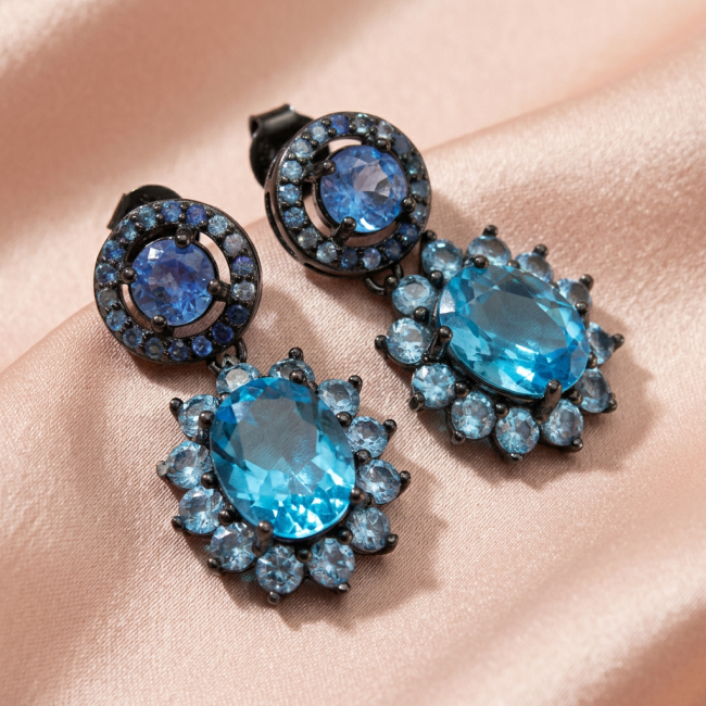 Atlantica 10.7 carat Swiss Blue Topaz .925 Sterling Silver dipped in black rhodium Handcrafted Statement earrings