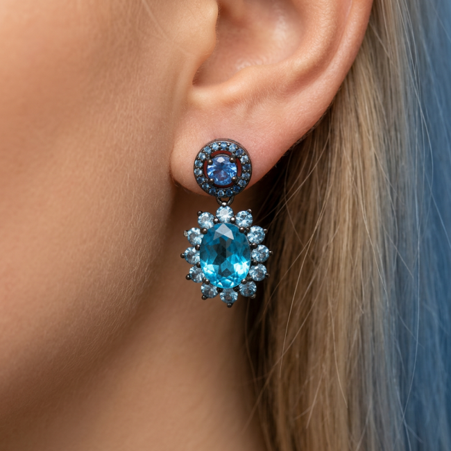 Atlantica 10.7 carat Swiss Blue Topaz .925 Sterling Silver dipped in black rhodium Handcrafted Statement earrings