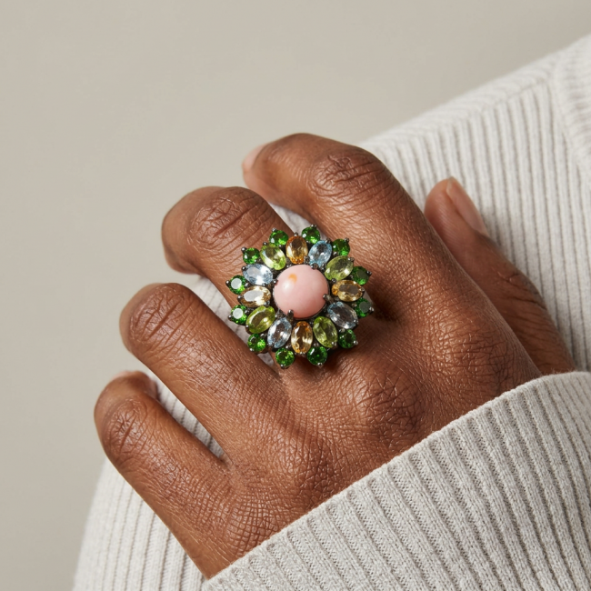 Stella 22.5 carat Pink Opal black rhodium over .925 Sterling Silver handcrafted Ring size 7 3/4