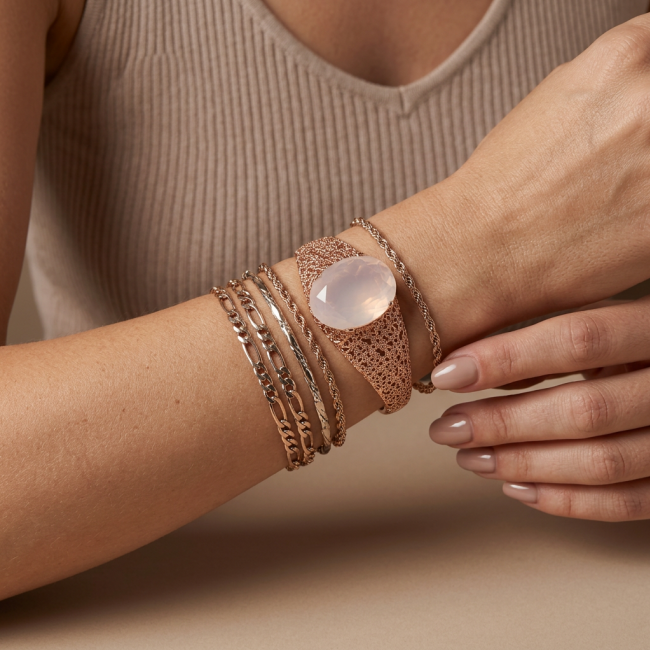 Vintage Beauty Genuine 42.2 carat Brazilian Rose Quartz Rose quartz 22K Rose Gold over .925 Sterling Silver handcrafted Bracelet / Cuff