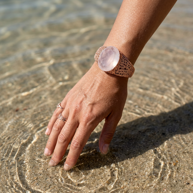 Vintage Beauty Genuine 42.2 carat Brazilian Rose Quartz Rose quartz 22K Rose Gold over .925 Sterling Silver handcrafted Bracelet / Cuff