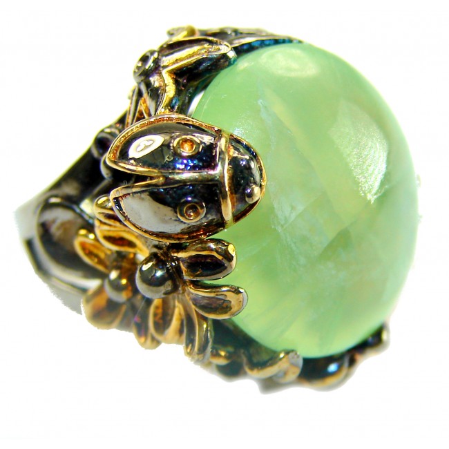 Vintage Style Best quality 22.8 carat Prehnite 2 tones .925 Sterling Silver handcrafted Ring Size 7 1/2