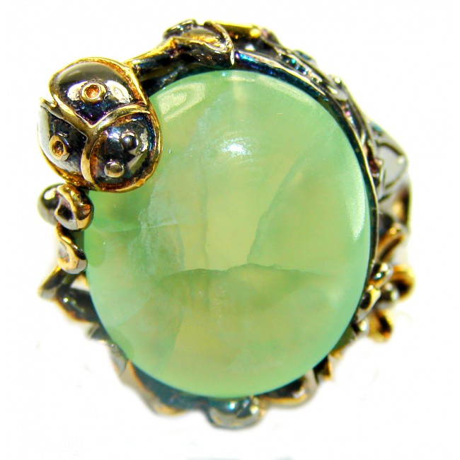 Vintage Style Best quality 22.8 carat Prehnite 2 tones .925 Sterling Silver handcrafted Ring Size 7 1/2