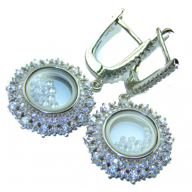 Floating Memories 11.5 carat White Topaz .925 Sterling Silver Handcrafted Statement earrings - Earrings close-up showing floating white topaz and sterling silver detail